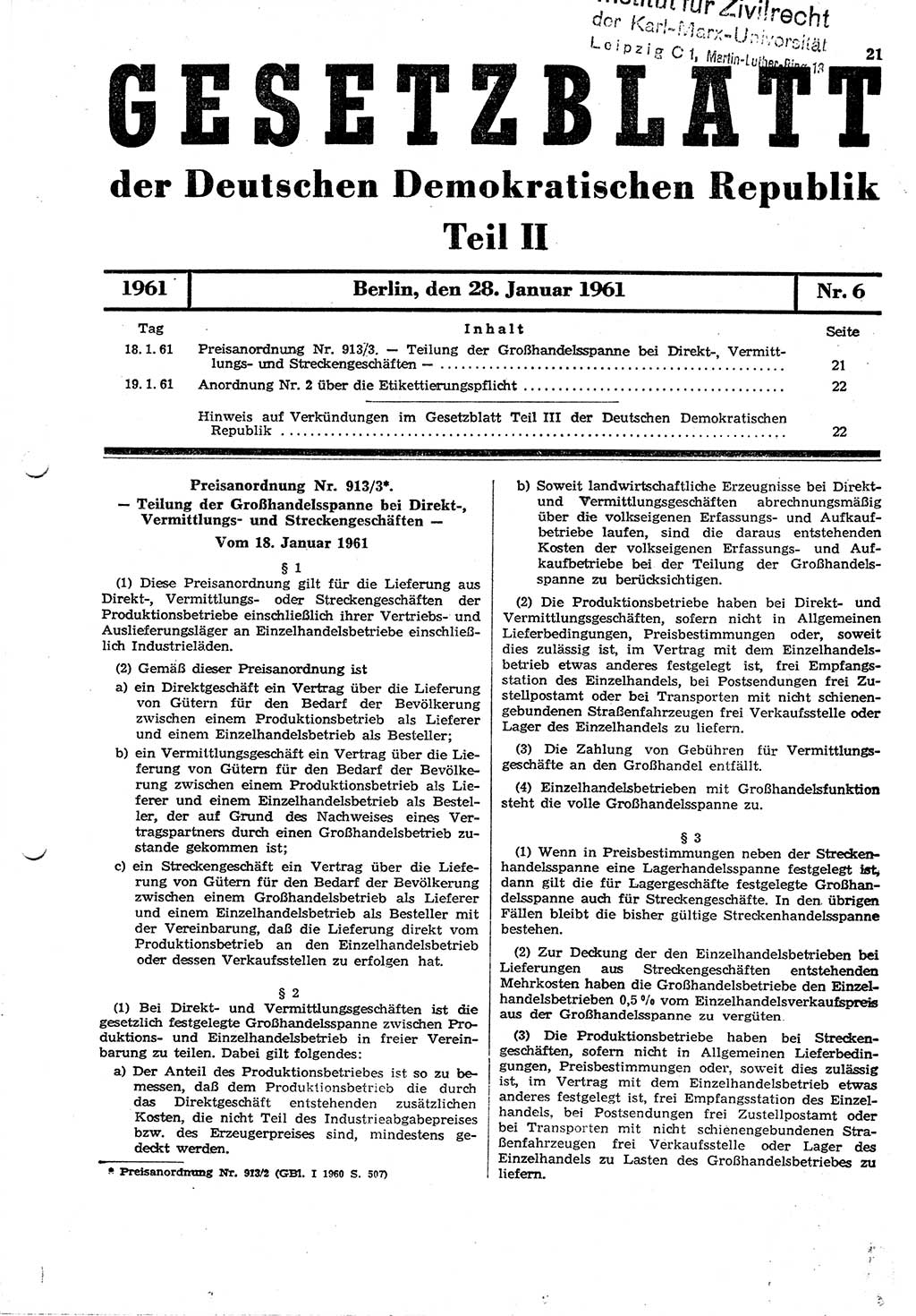 Gesetzblatt (GBl.) der Deutschen Demokratischen Republik (DDR) Teil ⅠⅠ 1961, Seite 21 (GBl. DDR ⅠⅠ 1961, S. 21)