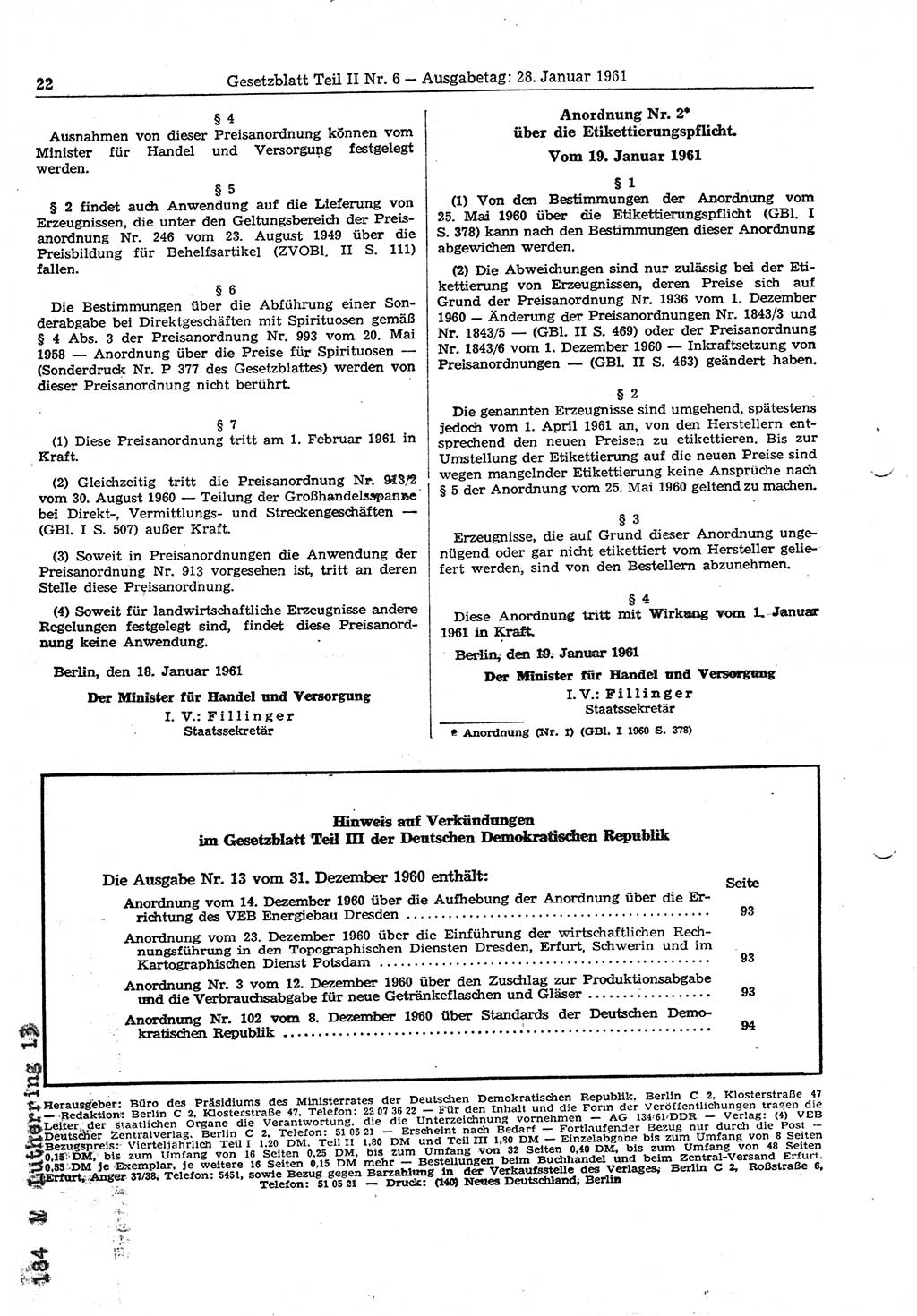 Gesetzblatt (GBl.) der Deutschen Demokratischen Republik (DDR) Teil ⅠⅠ 1961, Seite 22 (GBl. DDR ⅠⅠ 1961, S. 22)