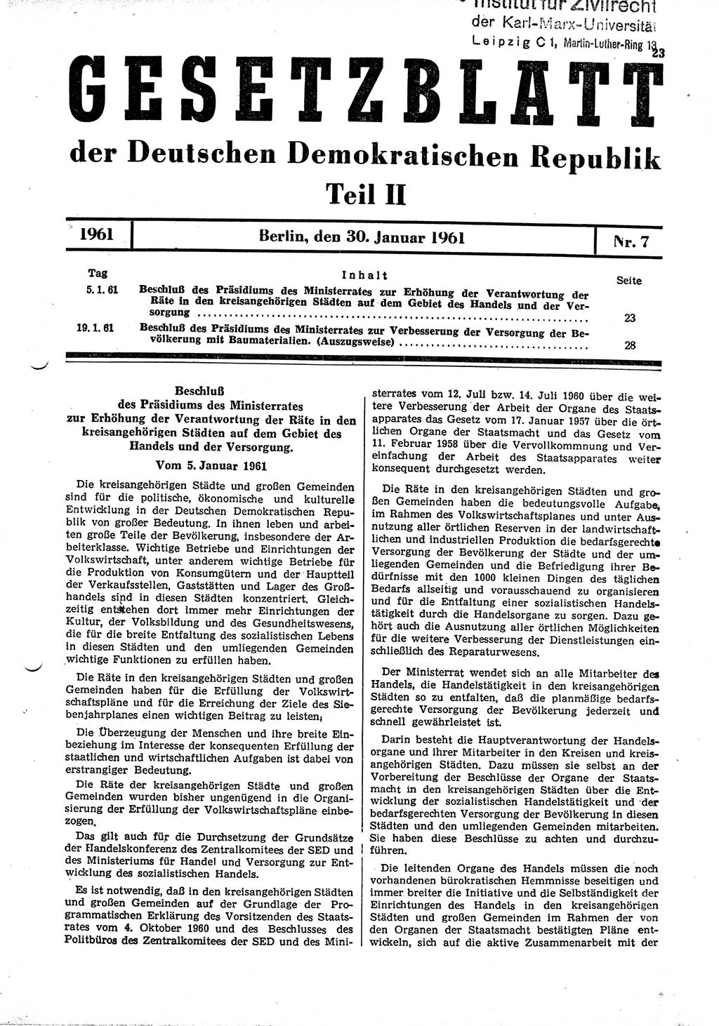 Gesetzblatt (GBl.) der Deutschen Demokratischen Republik (DDR) Teil ⅠⅠ 1961, Seite 23 (GBl. DDR ⅠⅠ 1961, S. 23)