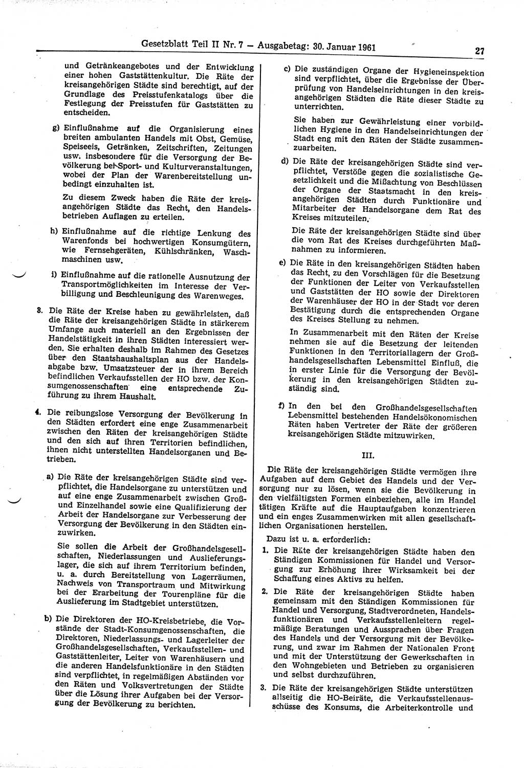Gesetzblatt (GBl.) der Deutschen Demokratischen Republik (DDR) Teil ⅠⅠ 1961, Seite 27 (GBl. DDR ⅠⅠ 1961, S. 27)