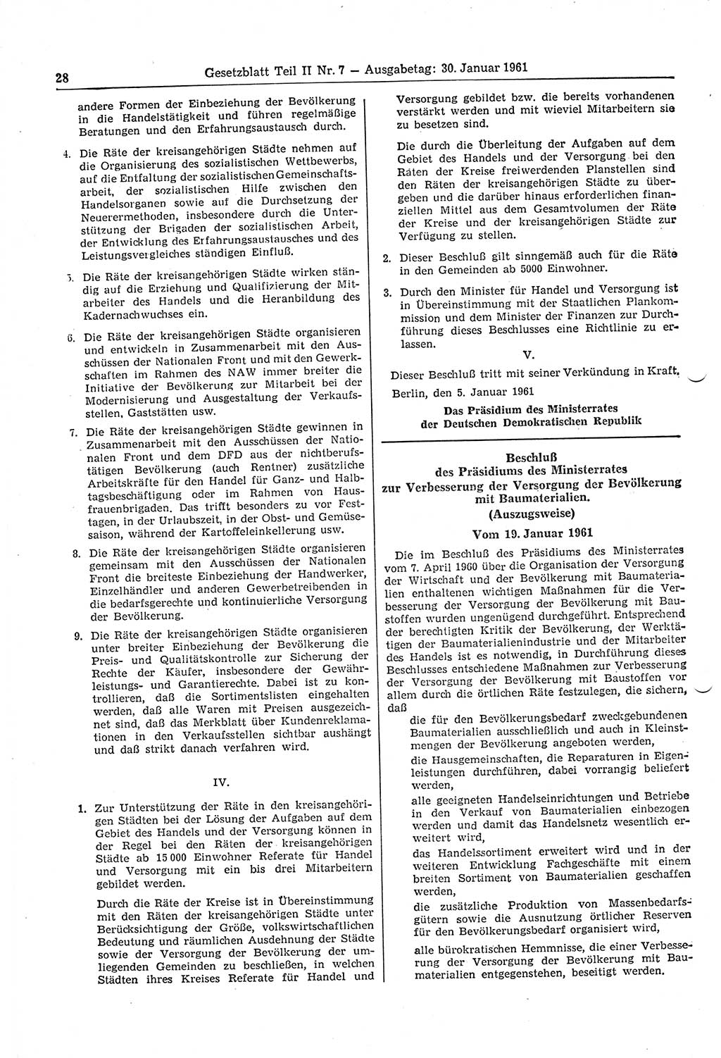 Gesetzblatt (GBl.) der Deutschen Demokratischen Republik (DDR) Teil ⅠⅠ 1961, Seite 28 (GBl. DDR ⅠⅠ 1961, S. 28)