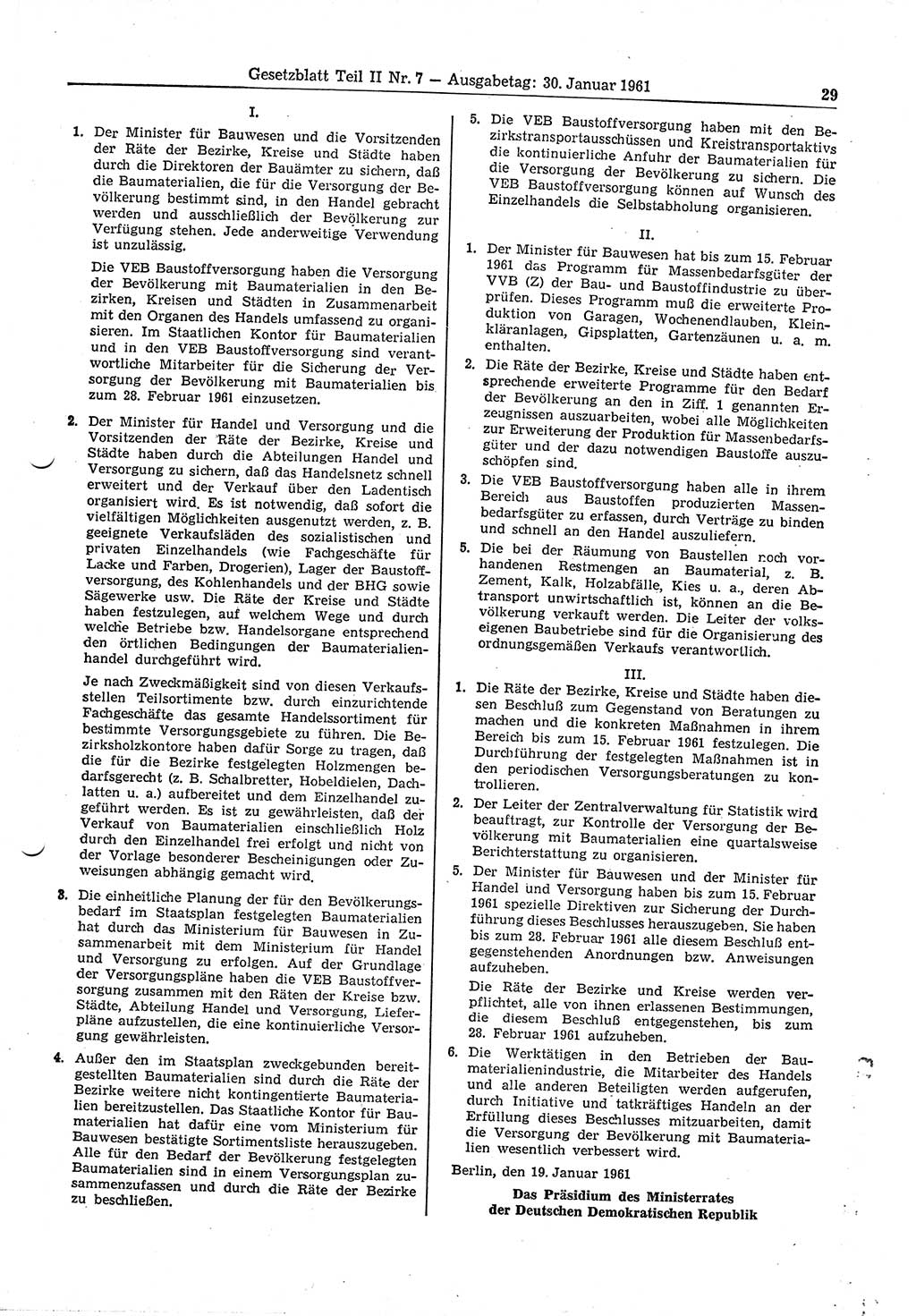 Gesetzblatt (GBl.) der Deutschen Demokratischen Republik (DDR) Teil ⅠⅠ 1961, Seite 29 (GBl. DDR ⅠⅠ 1961, S. 29)