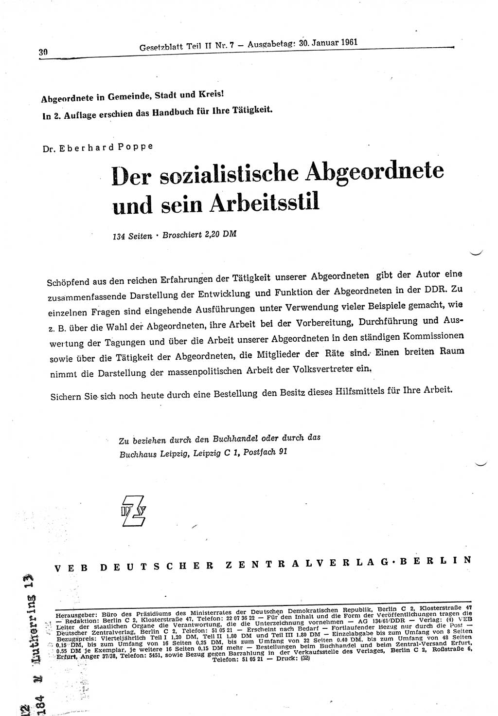Gesetzblatt (GBl.) der Deutschen Demokratischen Republik (DDR) Teil ⅠⅠ 1961, Seite 30 (GBl. DDR ⅠⅠ 1961, S. 30)
