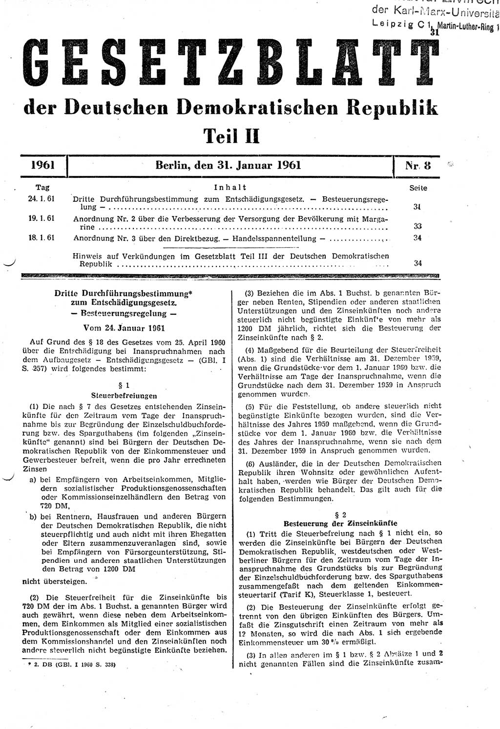 Gesetzblatt (GBl.) der Deutschen Demokratischen Republik (DDR) Teil ⅠⅠ 1961, Seite 31 (GBl. DDR ⅠⅠ 1961, S. 31)