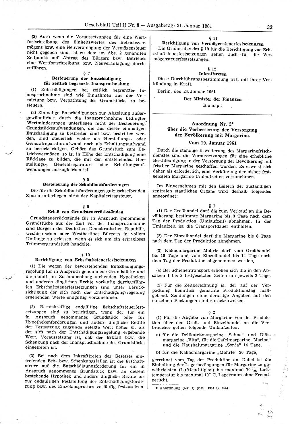 Gesetzblatt (GBl.) der Deutschen Demokratischen Republik (DDR) Teil ⅠⅠ 1961, Seite 33 (GBl. DDR ⅠⅠ 1961, S. 33)