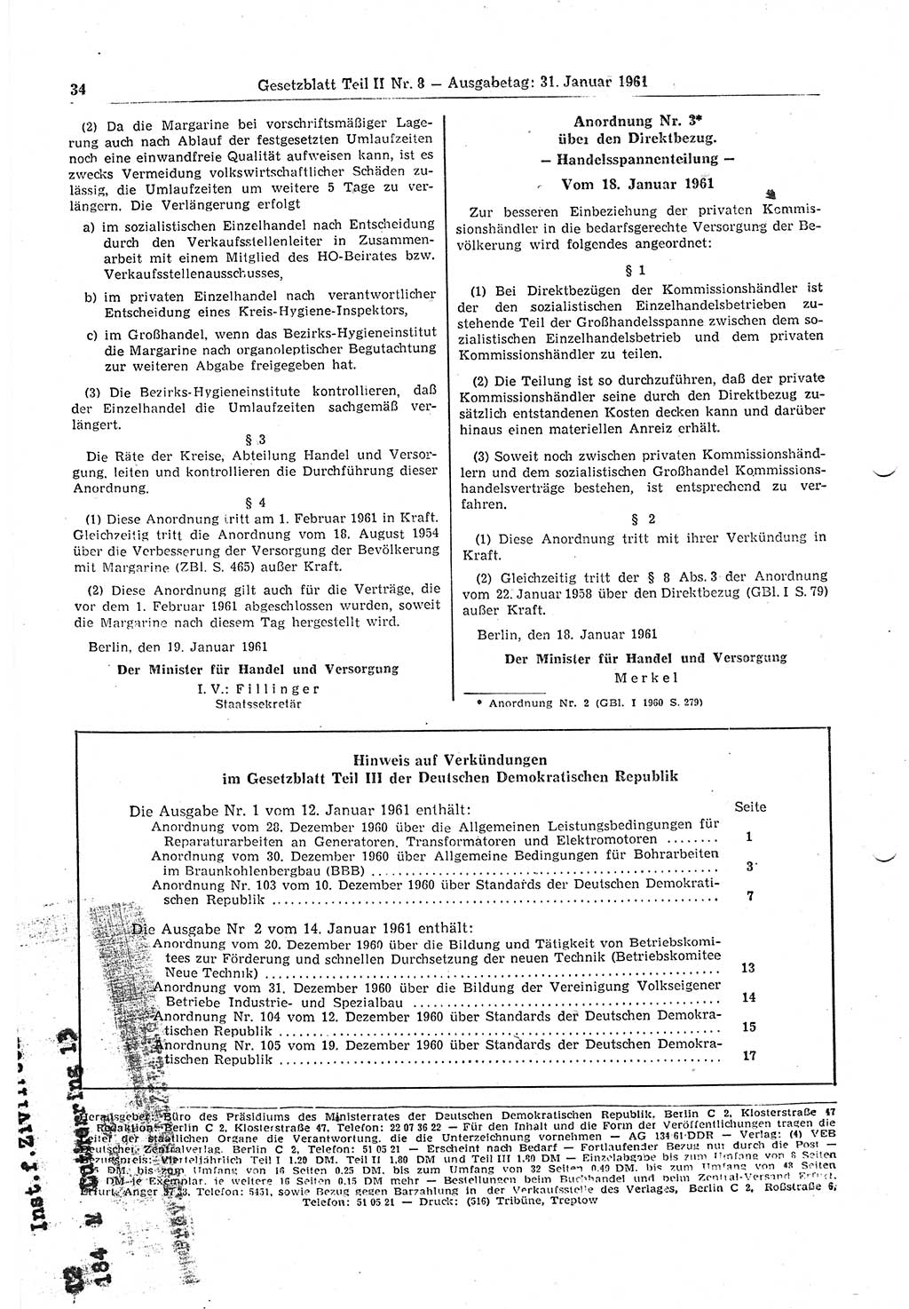 Gesetzblatt (GBl.) der Deutschen Demokratischen Republik (DDR) Teil ⅠⅠ 1961, Seite 34 (GBl. DDR ⅠⅠ 1961, S. 34)