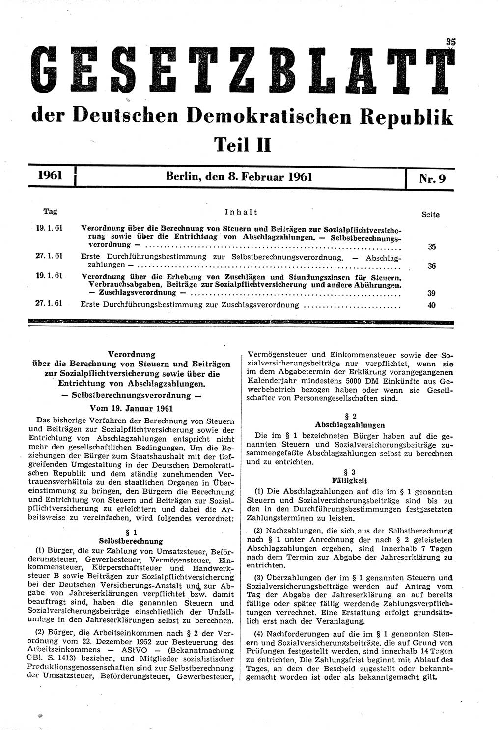 Gesetzblatt (GBl.) der Deutschen Demokratischen Republik (DDR) Teil ⅠⅠ 1961, Seite 35 (GBl. DDR ⅠⅠ 1961, S. 35)