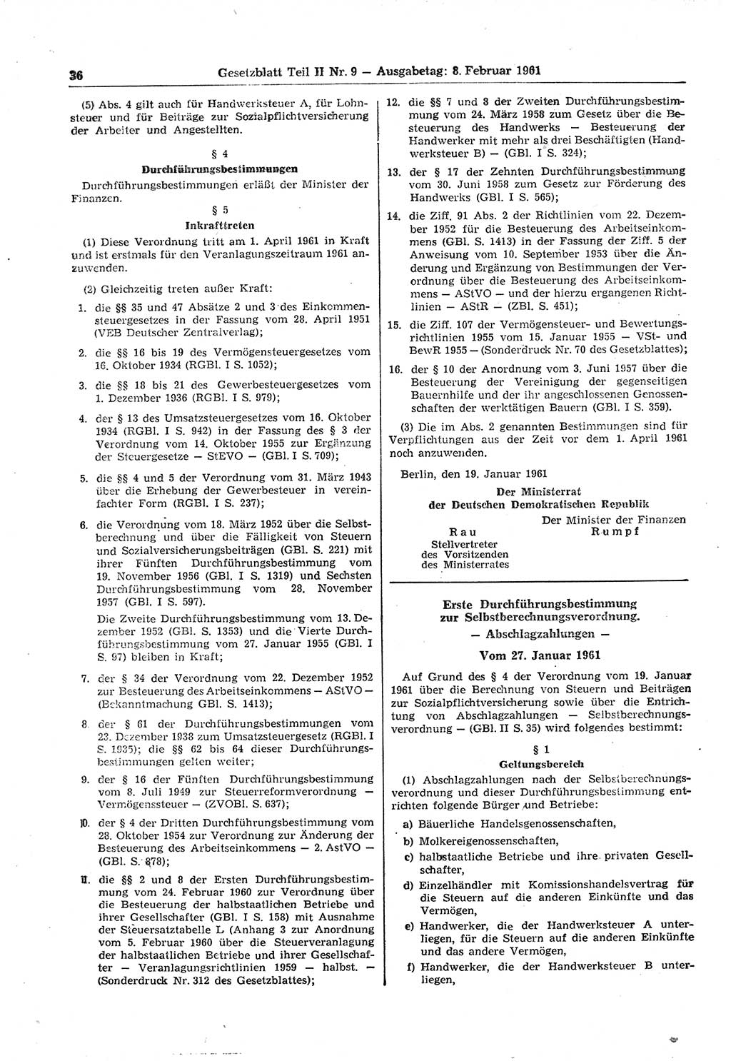 Gesetzblatt (GBl.) der Deutschen Demokratischen Republik (DDR) Teil ⅠⅠ 1961, Seite 36 (GBl. DDR ⅠⅠ 1961, S. 36)