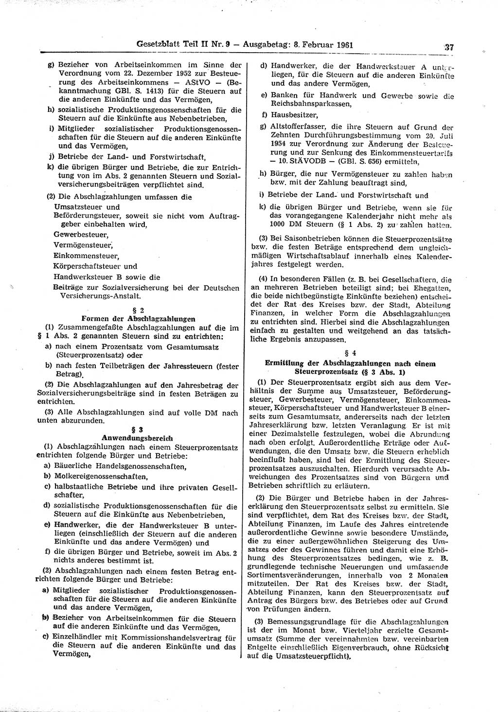 Gesetzblatt (GBl.) der Deutschen Demokratischen Republik (DDR) Teil ⅠⅠ 1961, Seite 37 (GBl. DDR ⅠⅠ 1961, S. 37)