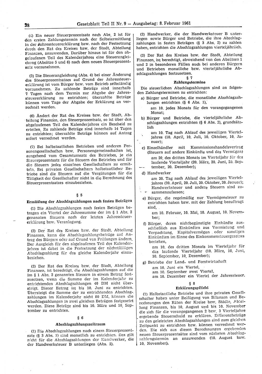 Gesetzblatt (GBl.) der Deutschen Demokratischen Republik (DDR) Teil ⅠⅠ 1961, Seite 38 (GBl. DDR ⅠⅠ 1961, S. 38)
