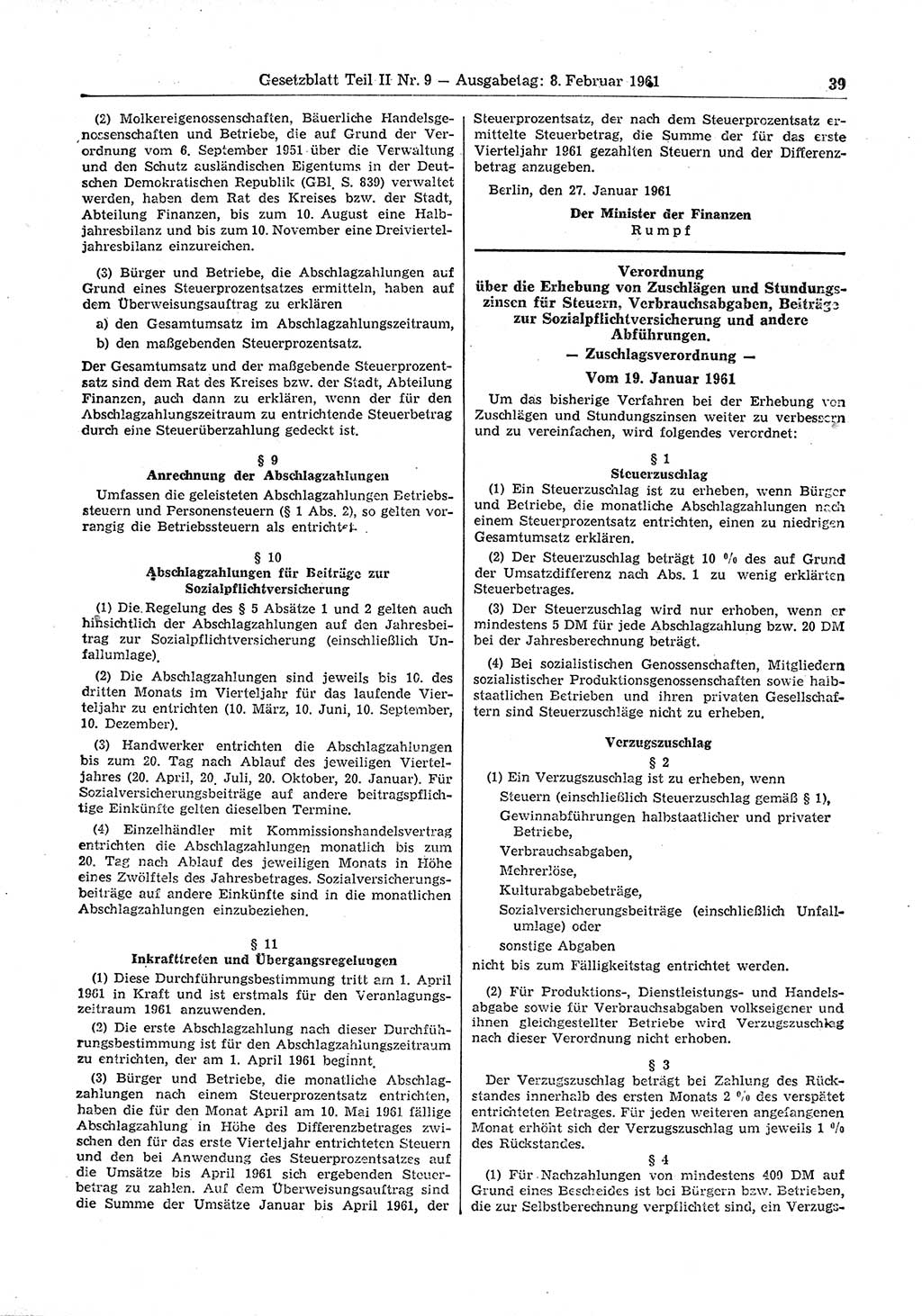 Gesetzblatt (GBl.) der Deutschen Demokratischen Republik (DDR) Teil ⅠⅠ 1961, Seite 39 (GBl. DDR ⅠⅠ 1961, S. 39)