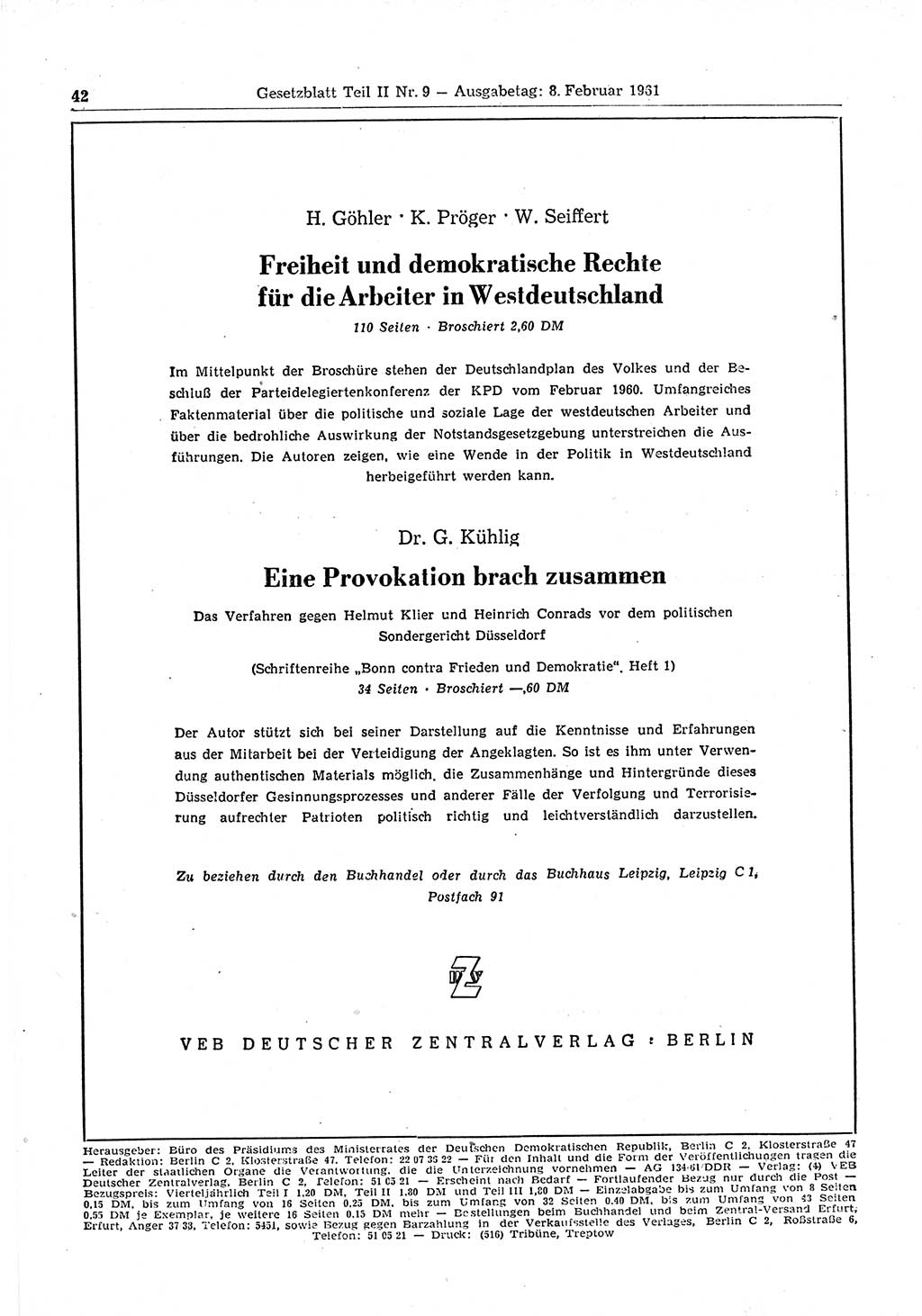 Gesetzblatt (GBl.) der Deutschen Demokratischen Republik (DDR) Teil ⅠⅠ 1961, Seite 42 (GBl. DDR ⅠⅠ 1961, S. 42)