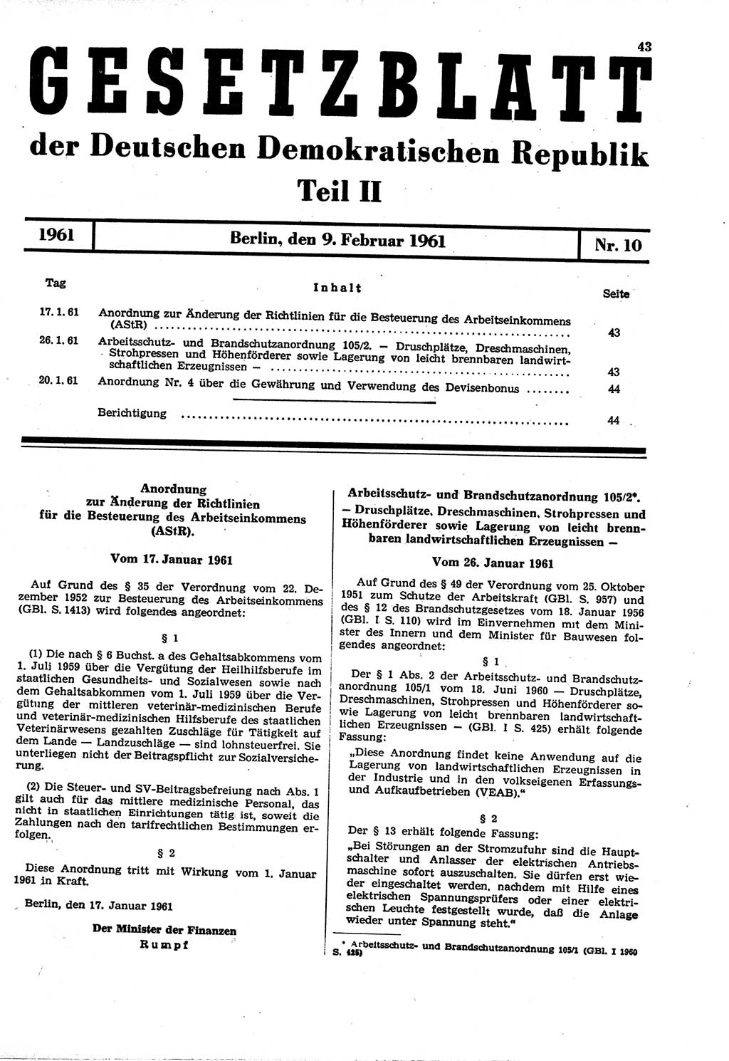 Gesetzblatt (GBl.) der Deutschen Demokratischen Republik (DDR) Teil â… â… 1961, Seite 43 (GBl. DDR â… â… 1961, S. 43)