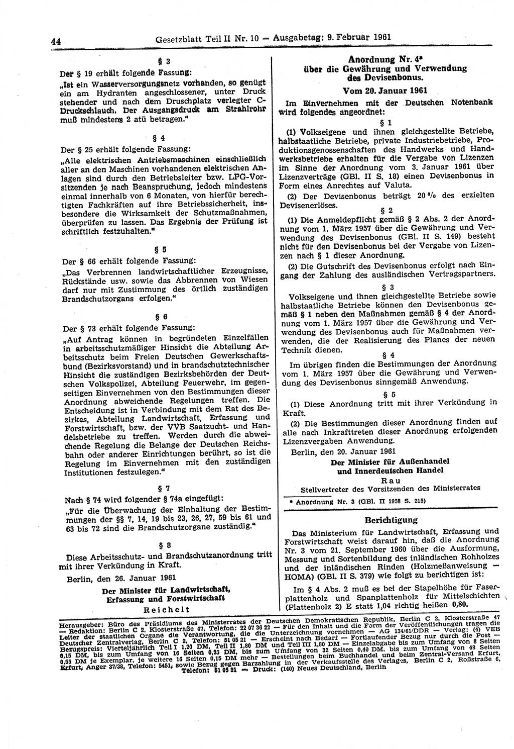 Gesetzblatt (GBl.) der Deutschen Demokratischen Republik (DDR) Teil ⅠⅠ 1961, Seite 44 (GBl. DDR ⅠⅠ 1961, S. 44)