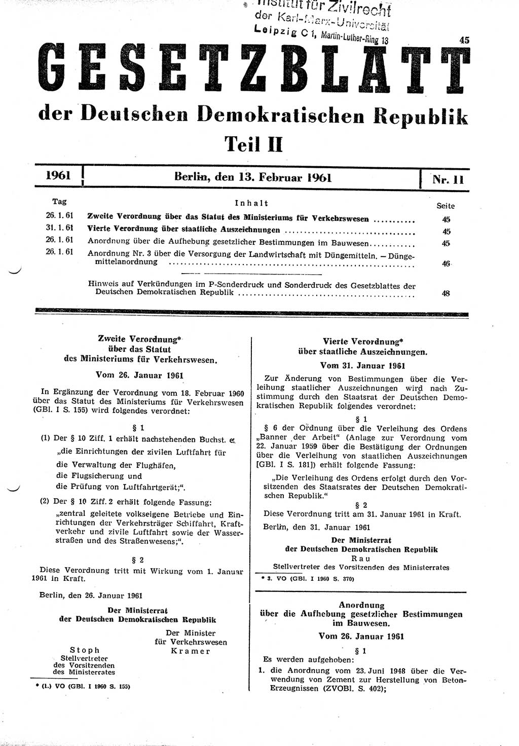 Gesetzblatt (GBl.) der Deutschen Demokratischen Republik (DDR) Teil ⅠⅠ 1961, Seite 45 (GBl. DDR ⅠⅠ 1961, S. 45)