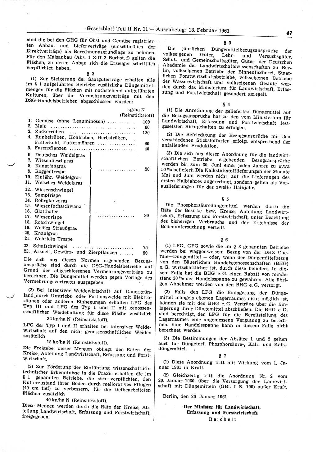 Gesetzblatt (GBl.) der Deutschen Demokratischen Republik (DDR) Teil ⅠⅠ 1961, Seite 47 (GBl. DDR ⅠⅠ 1961, S. 47)