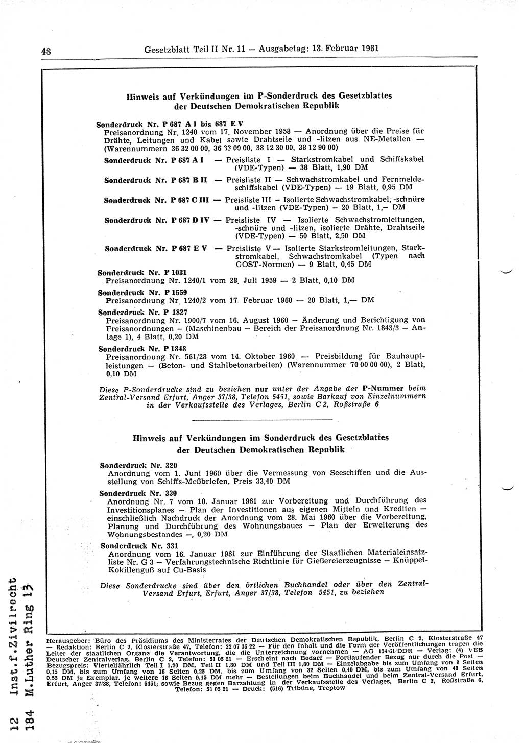 Gesetzblatt (GBl.) der Deutschen Demokratischen Republik (DDR) Teil ⅠⅠ 1961, Seite 48 (GBl. DDR ⅠⅠ 1961, S. 48)