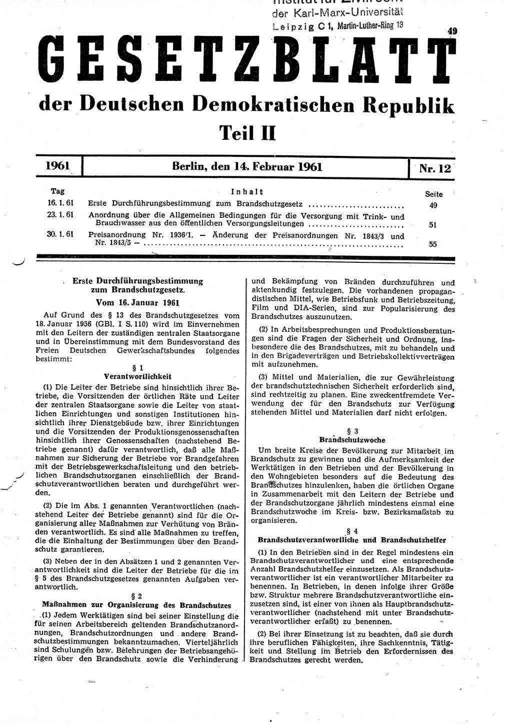 Gesetzblatt (GBl.) der Deutschen Demokratischen Republik (DDR) Teil ⅠⅠ 1961, Seite 49 (GBl. DDR ⅠⅠ 1961, S. 49)