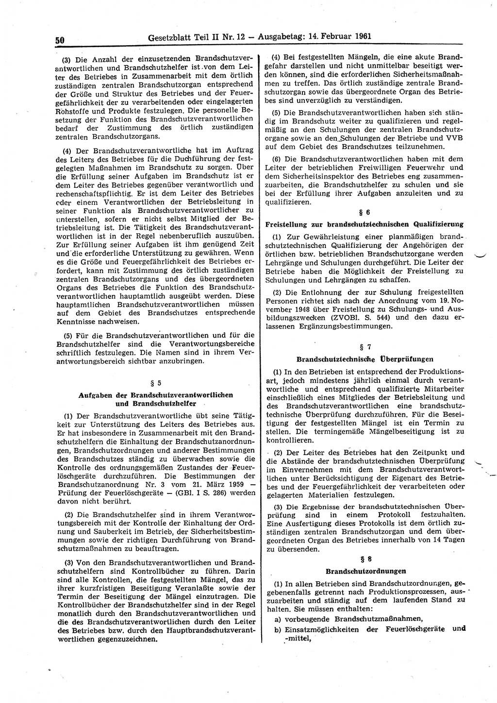 Gesetzblatt (GBl.) der Deutschen Demokratischen Republik (DDR) Teil ⅠⅠ 1961, Seite 50 (GBl. DDR ⅠⅠ 1961, S. 50)
