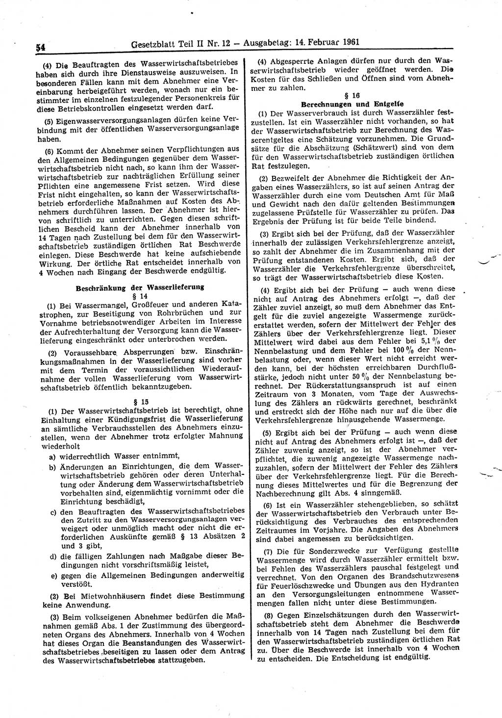 Gesetzblatt (GBl.) der Deutschen Demokratischen Republik (DDR) Teil ⅠⅠ 1961, Seite 54 (GBl. DDR ⅠⅠ 1961, S. 54)