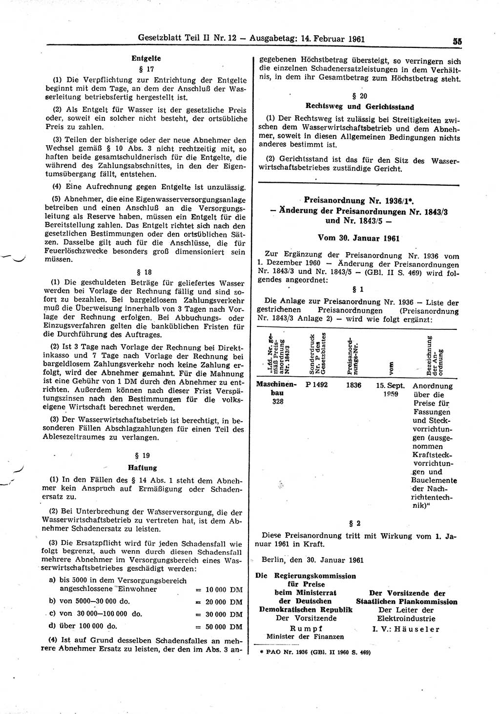 Gesetzblatt (GBl.) der Deutschen Demokratischen Republik (DDR) Teil ⅠⅠ 1961, Seite 55 (GBl. DDR ⅠⅠ 1961, S. 55)