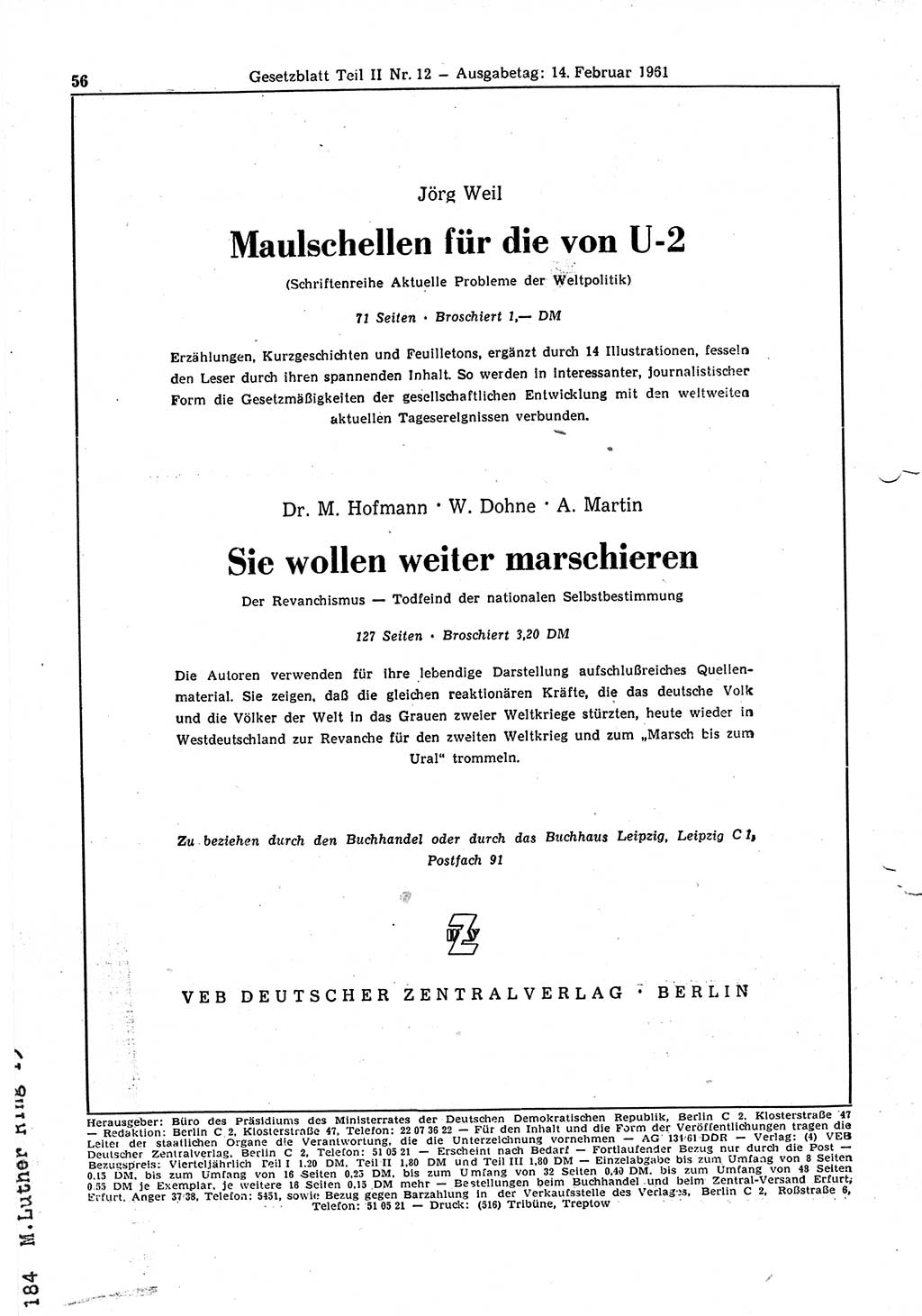 Gesetzblatt (GBl.) der Deutschen Demokratischen Republik (DDR) Teil ⅠⅠ 1961, Seite 56 (GBl. DDR ⅠⅠ 1961, S. 56)