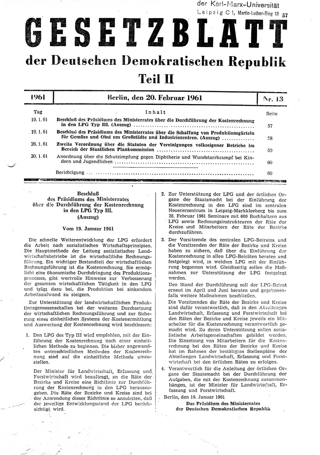 Gesetzblatt (GBl.) der Deutschen Demokratischen Republik (DDR) Teil ⅠⅠ 1961, Seite 57 (GBl. DDR ⅠⅠ 1961, S. 57)