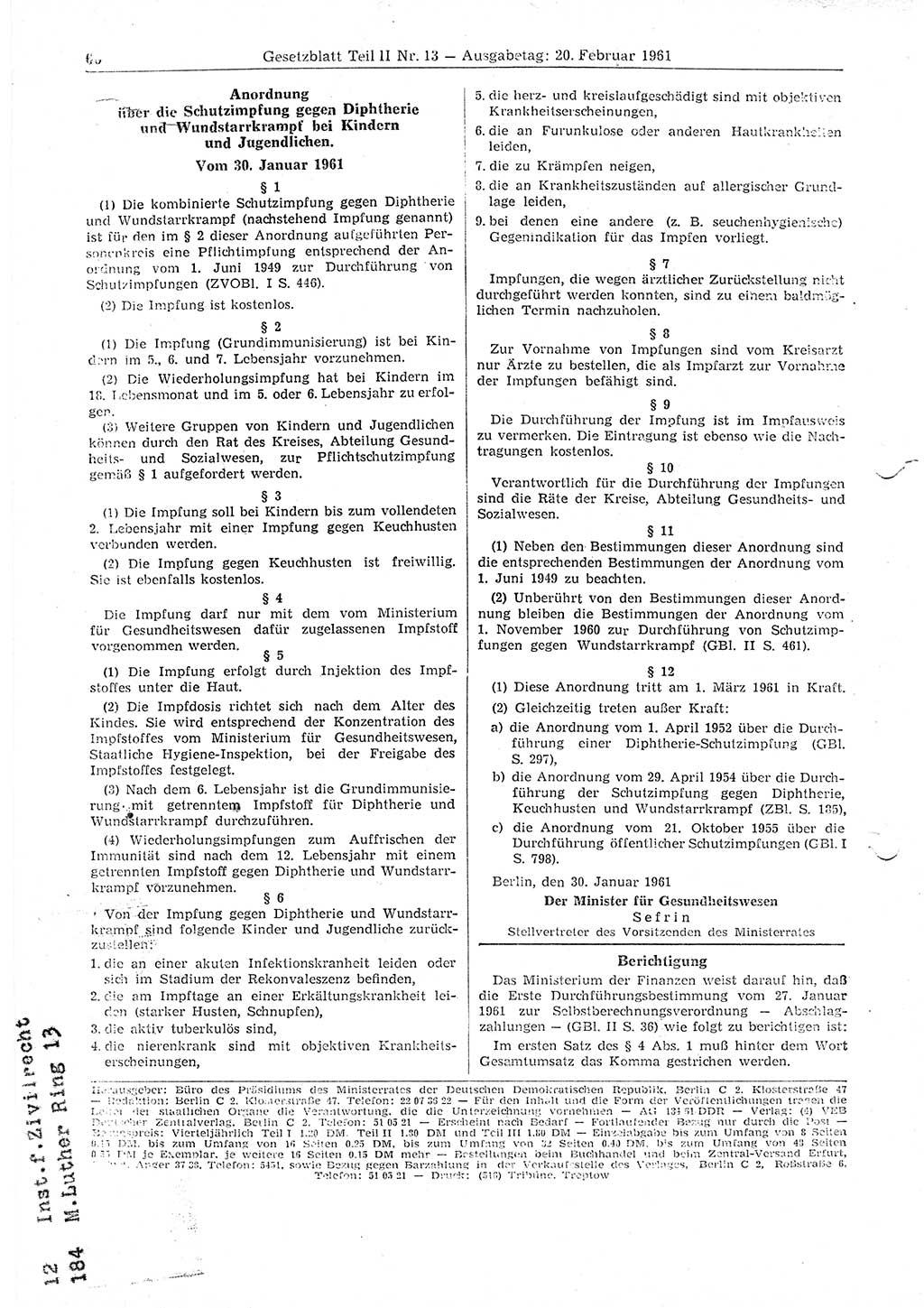 Gesetzblatt (GBl.) der Deutschen Demokratischen Republik (DDR) Teil ⅠⅠ 1961, Seite 60 (GBl. DDR ⅠⅠ 1961, S. 60)