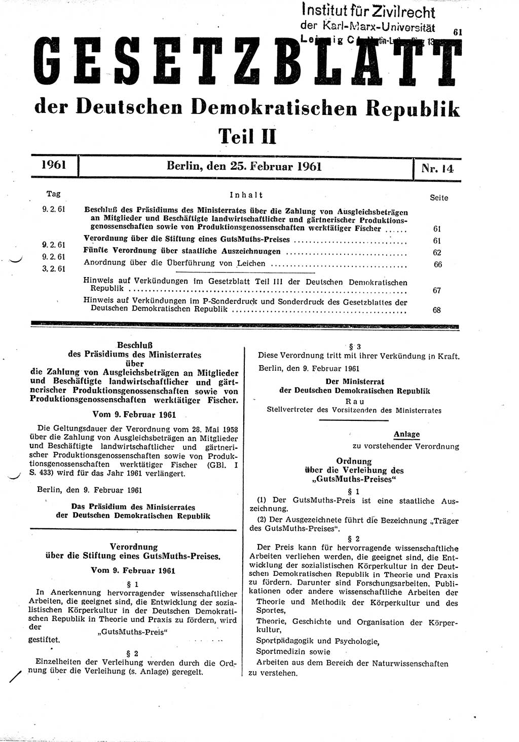 Gesetzblatt (GBl.) der Deutschen Demokratischen Republik (DDR) Teil ⅠⅠ 1961, Seite 61 (GBl. DDR ⅠⅠ 1961, S. 61)