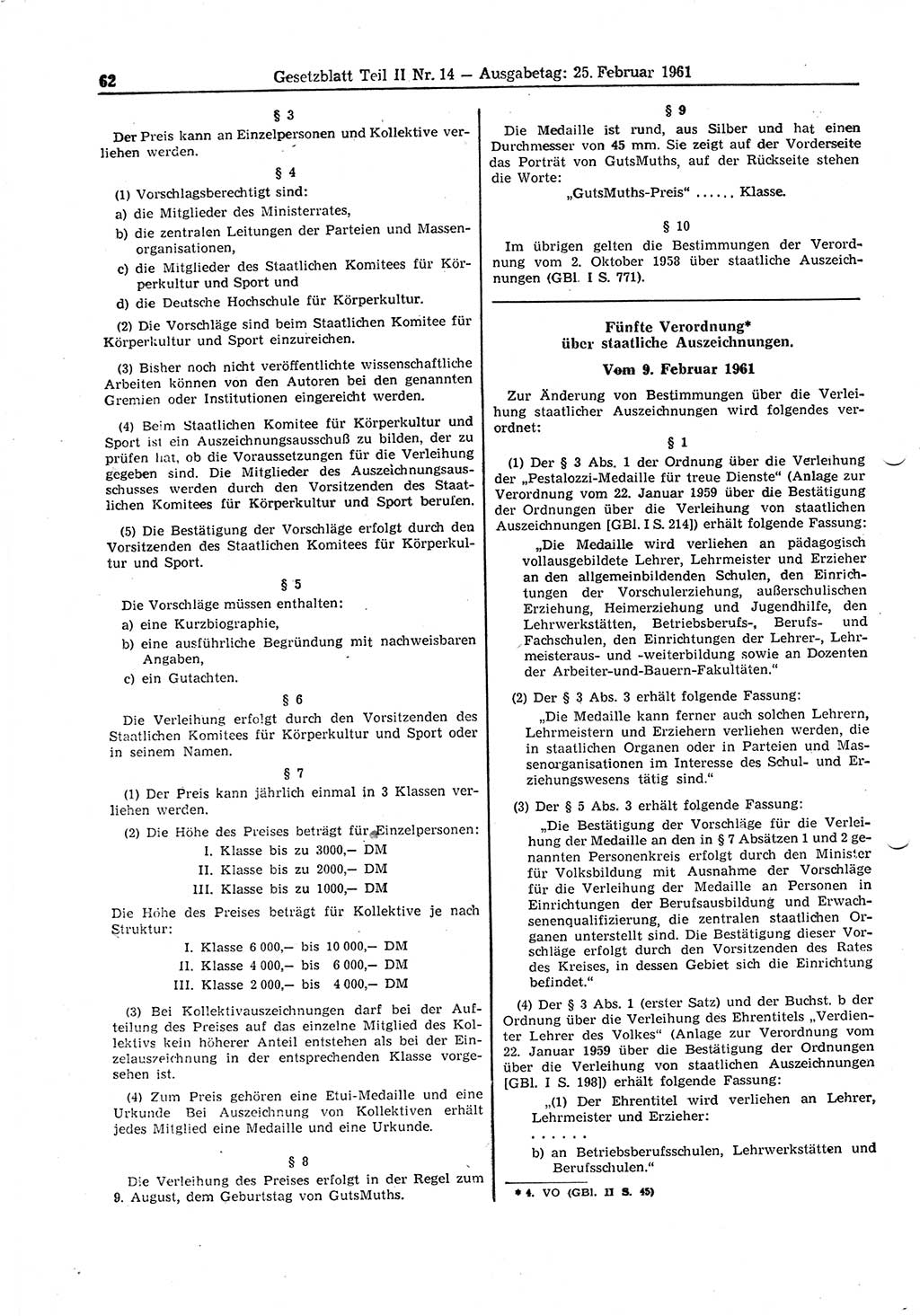 Gesetzblatt (GBl.) der Deutschen Demokratischen Republik (DDR) Teil ⅠⅠ 1961, Seite 62 (GBl. DDR ⅠⅠ 1961, S. 62)