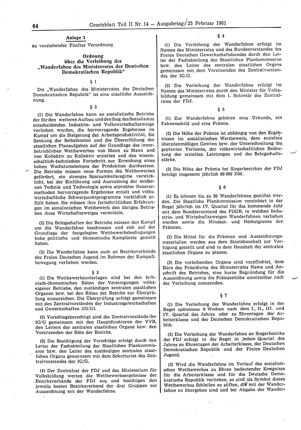 Gesetzblatt (GBl.) der Deutschen Demokratischen Republik (DDR) Teil ⅠⅠ 1961, Seite 64 (GBl. DDR ⅠⅠ 1961, S. 64)
