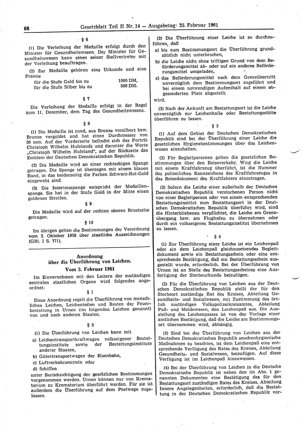 Gesetzblatt (GBl.) der Deutschen Demokratischen Republik (DDR) Teil ⅠⅠ 1961, Seite 66 (GBl. DDR ⅠⅠ 1961, S. 66)