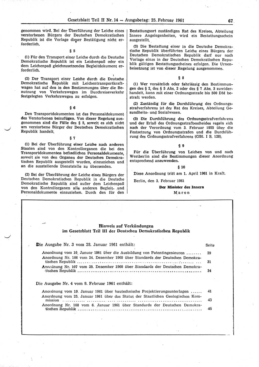 Gesetzblatt (GBl.) der Deutschen Demokratischen Republik (DDR) Teil ⅠⅠ 1961, Seite 67 (GBl. DDR ⅠⅠ 1961, S. 67)