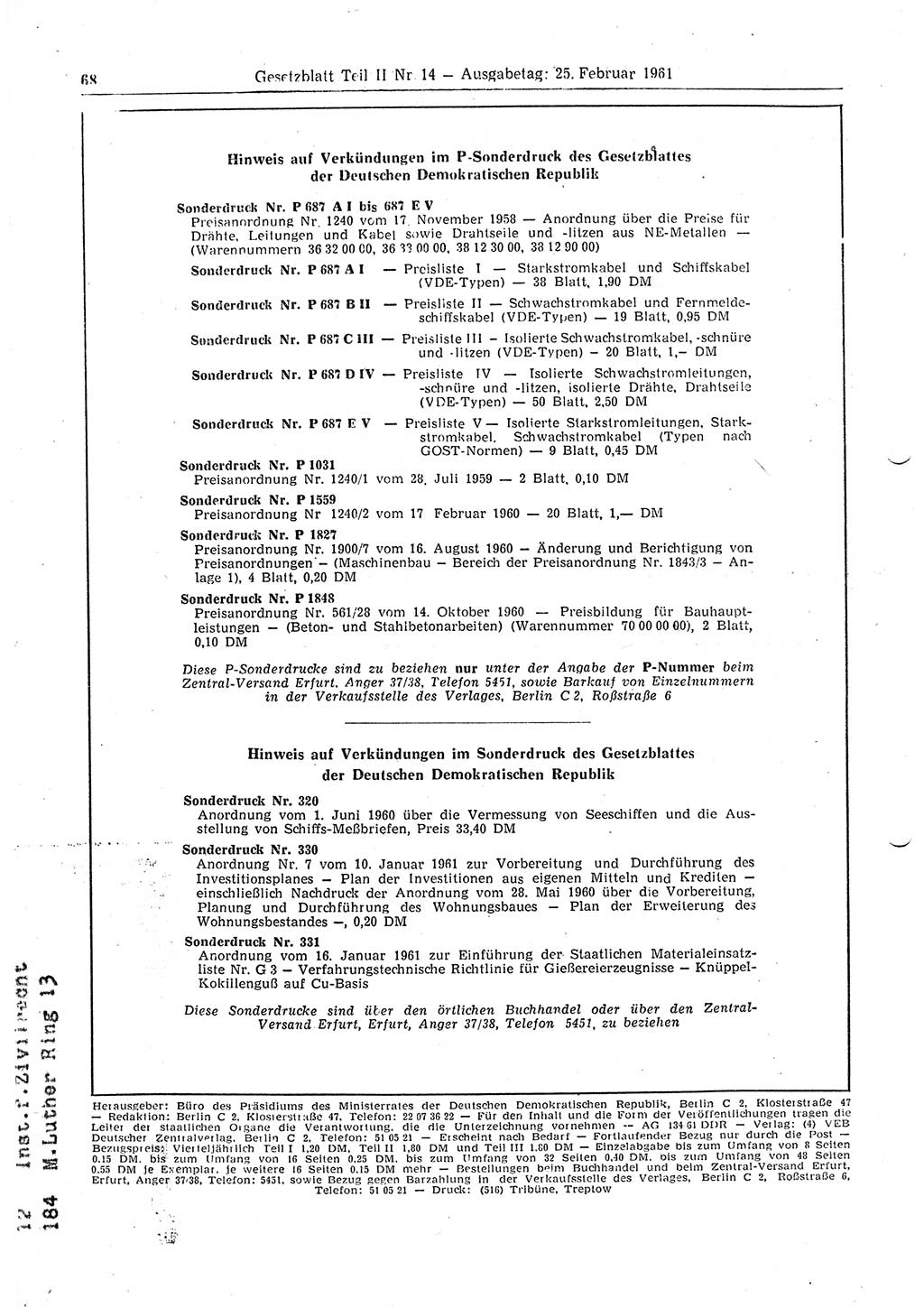 Gesetzblatt (GBl.) der Deutschen Demokratischen Republik (DDR) Teil ⅠⅠ 1961, Seite 68 (GBl. DDR ⅠⅠ 1961, S. 68)