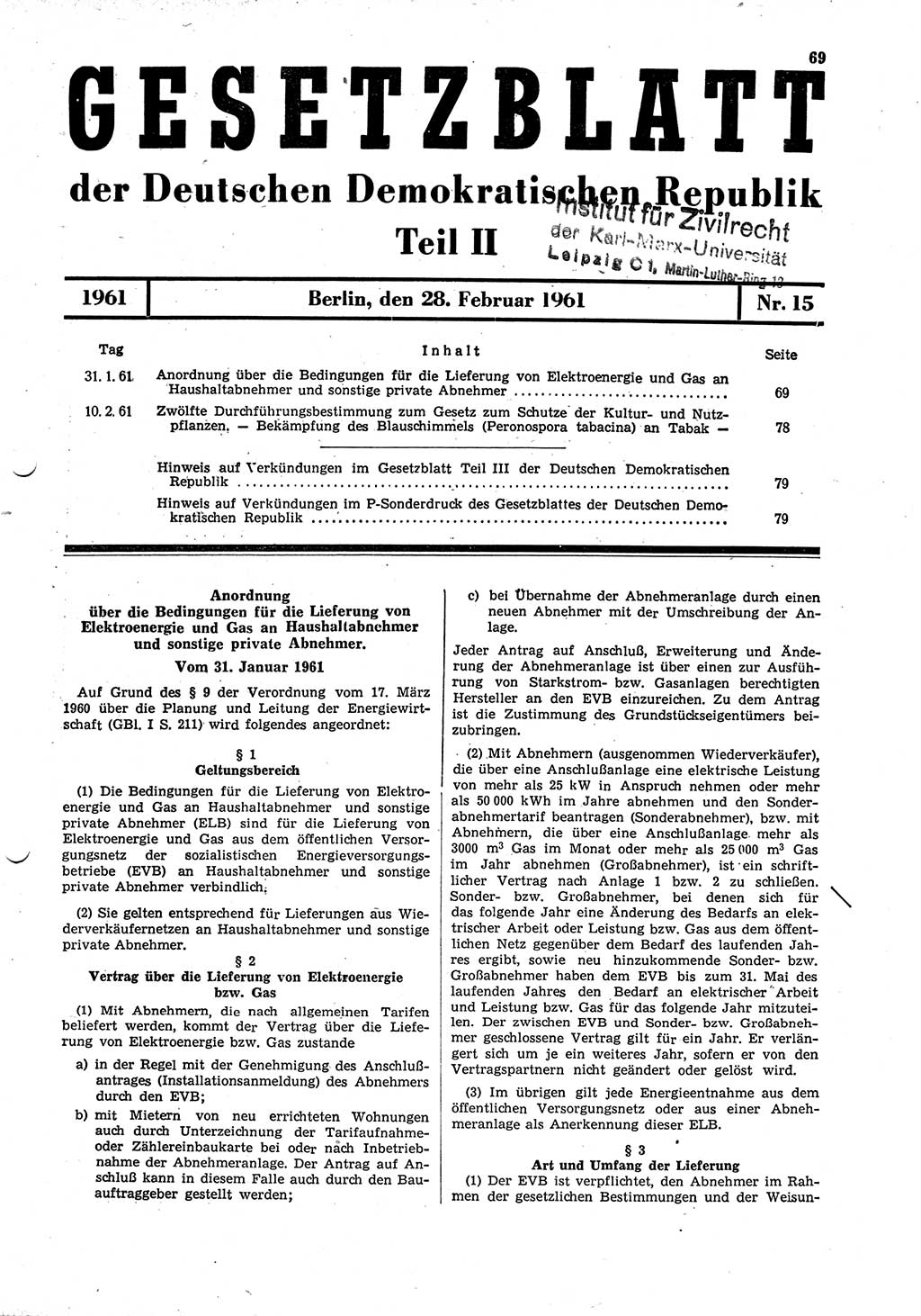Gesetzblatt (GBl.) der Deutschen Demokratischen Republik (DDR) Teil ⅠⅠ 1961, Seite 69 (GBl. DDR ⅠⅠ 1961, S. 69)