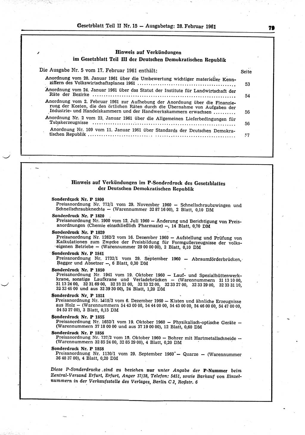 Gesetzblatt (GBl.) der Deutschen Demokratischen Republik (DDR) Teil ⅠⅠ 1961, Seite 79 (GBl. DDR ⅠⅠ 1961, S. 79)