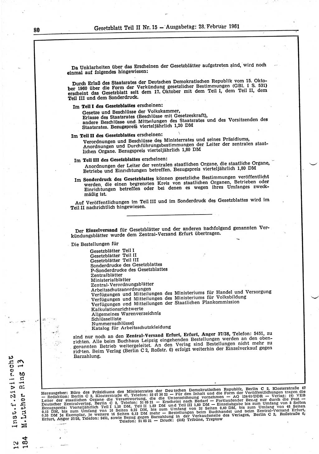 Gesetzblatt (GBl.) der Deutschen Demokratischen Republik (DDR) Teil ⅠⅠ 1961, Seite 80 (GBl. DDR ⅠⅠ 1961, S. 80)