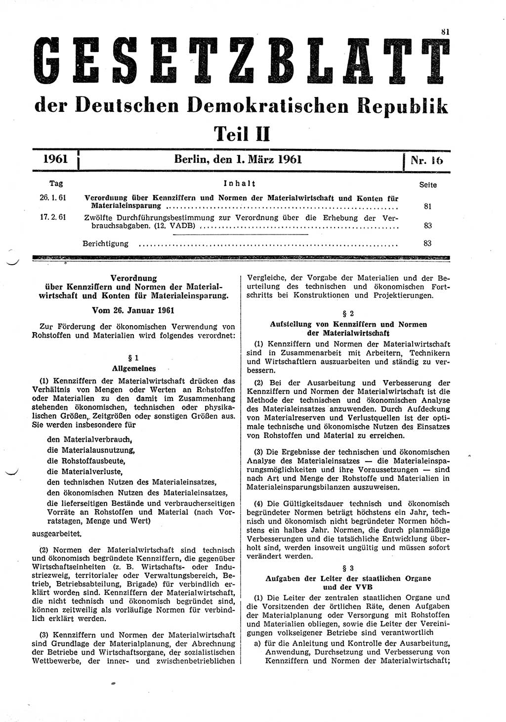 Gesetzblatt (GBl.) der Deutschen Demokratischen Republik (DDR) Teil ⅠⅠ 1961, Seite 81 (GBl. DDR ⅠⅠ 1961, S. 81)