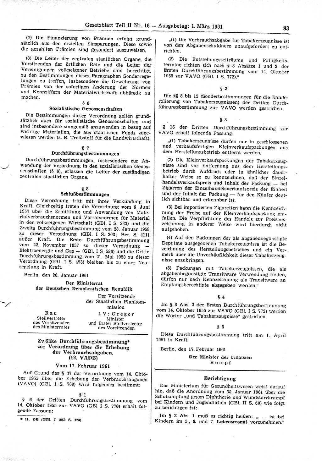 Gesetzblatt (GBl.) der Deutschen Demokratischen Republik (DDR) Teil ⅠⅠ 1961, Seite 83 (GBl. DDR ⅠⅠ 1961, S. 83)