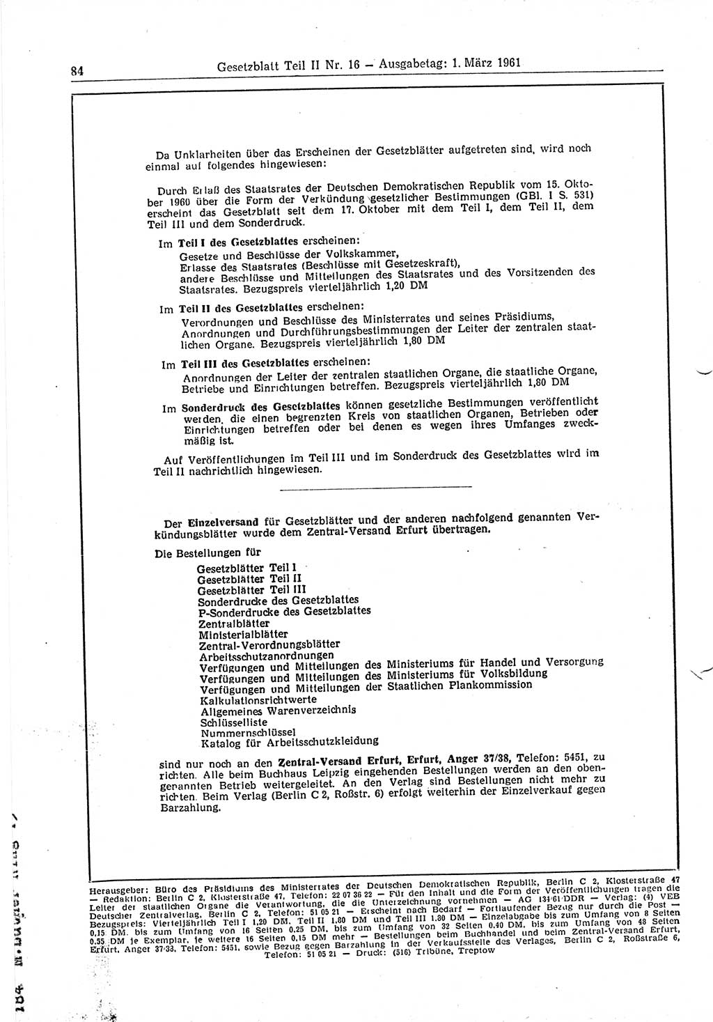 Gesetzblatt (GBl.) der Deutschen Demokratischen Republik (DDR) Teil ⅠⅠ 1961, Seite 84 (GBl. DDR ⅠⅠ 1961, S. 84)