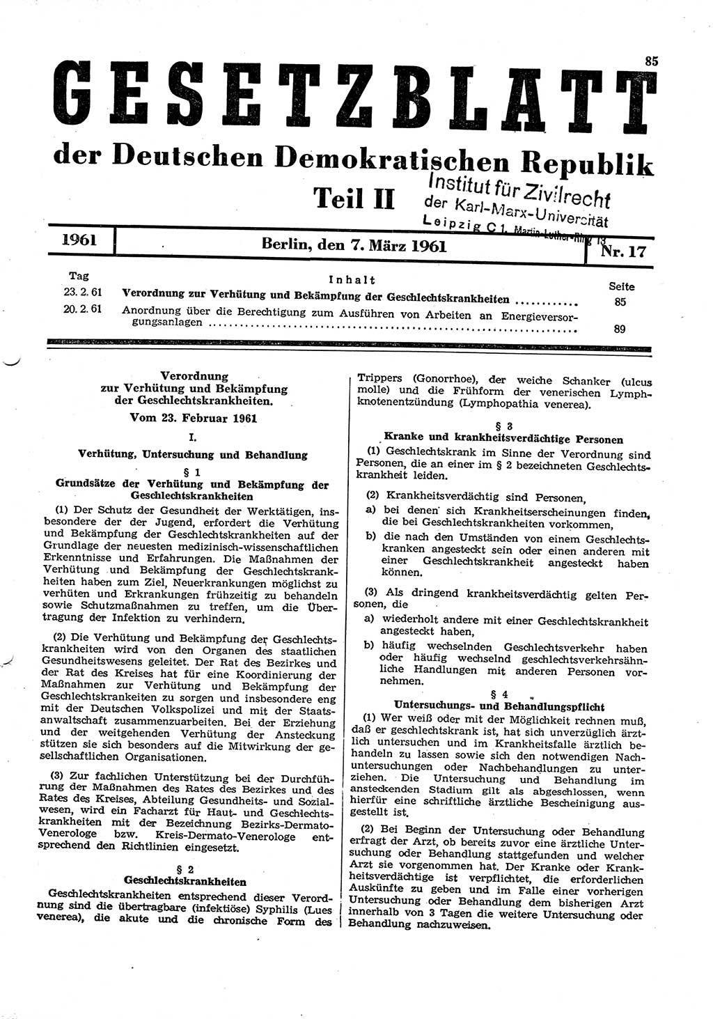 Gesetzblatt (GBl.) der Deutschen Demokratischen Republik (DDR) Teil ⅠⅠ 1961, Seite 85 (GBl. DDR ⅠⅠ 1961, S. 85)