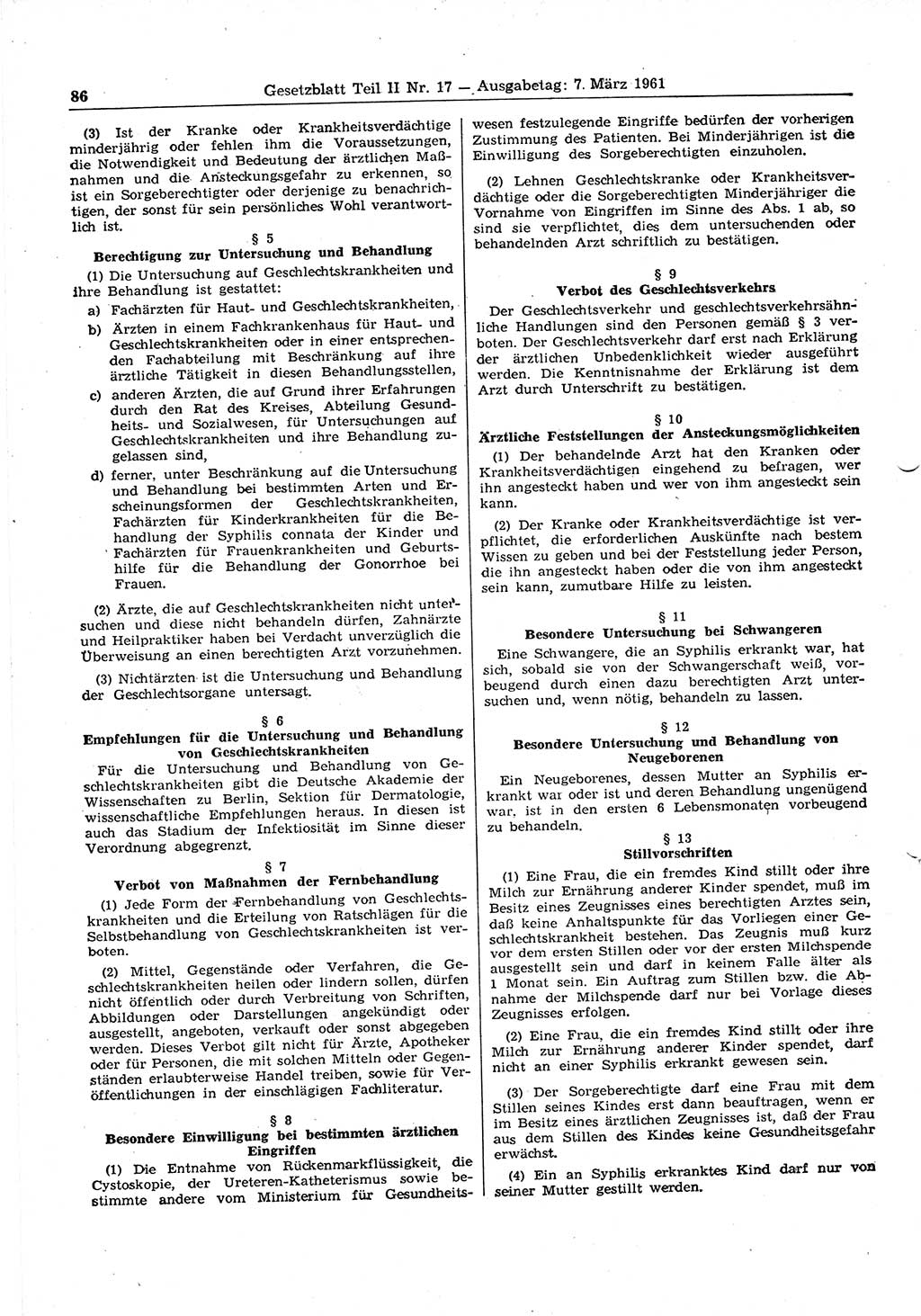 Gesetzblatt (GBl.) der Deutschen Demokratischen Republik (DDR) Teil ⅠⅠ 1961, Seite 86 (GBl. DDR ⅠⅠ 1961, S. 86)