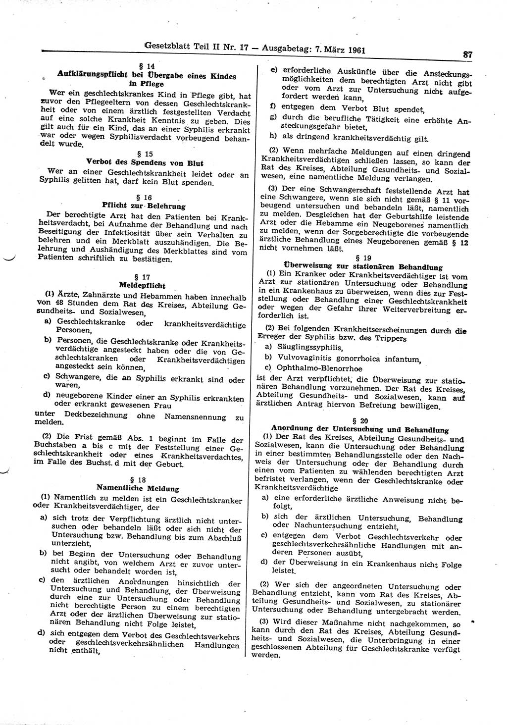 Gesetzblatt (GBl.) der Deutschen Demokratischen Republik (DDR) Teil ⅠⅠ 1961, Seite 87 (GBl. DDR ⅠⅠ 1961, S. 87)
