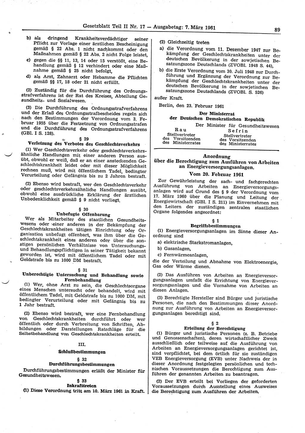 Gesetzblatt (GBl.) der Deutschen Demokratischen Republik (DDR) Teil ⅠⅠ 1961, Seite 89 (GBl. DDR ⅠⅠ 1961, S. 89)