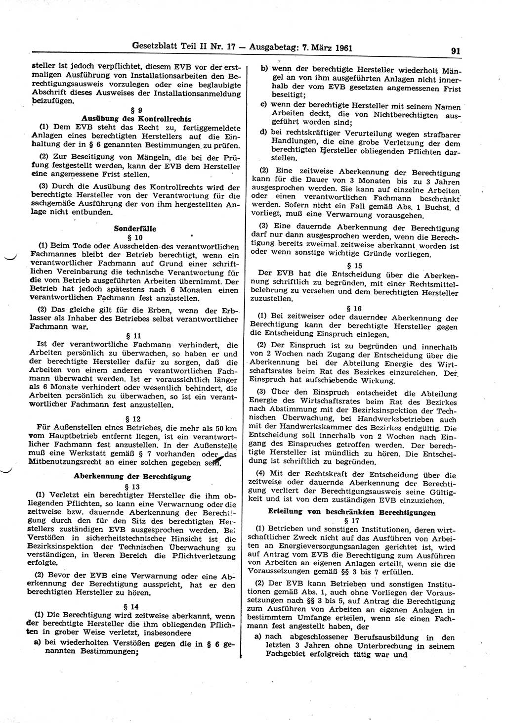 Gesetzblatt (GBl.) der Deutschen Demokratischen Republik (DDR) Teil ⅠⅠ 1961, Seite 91 (GBl. DDR ⅠⅠ 1961, S. 91)