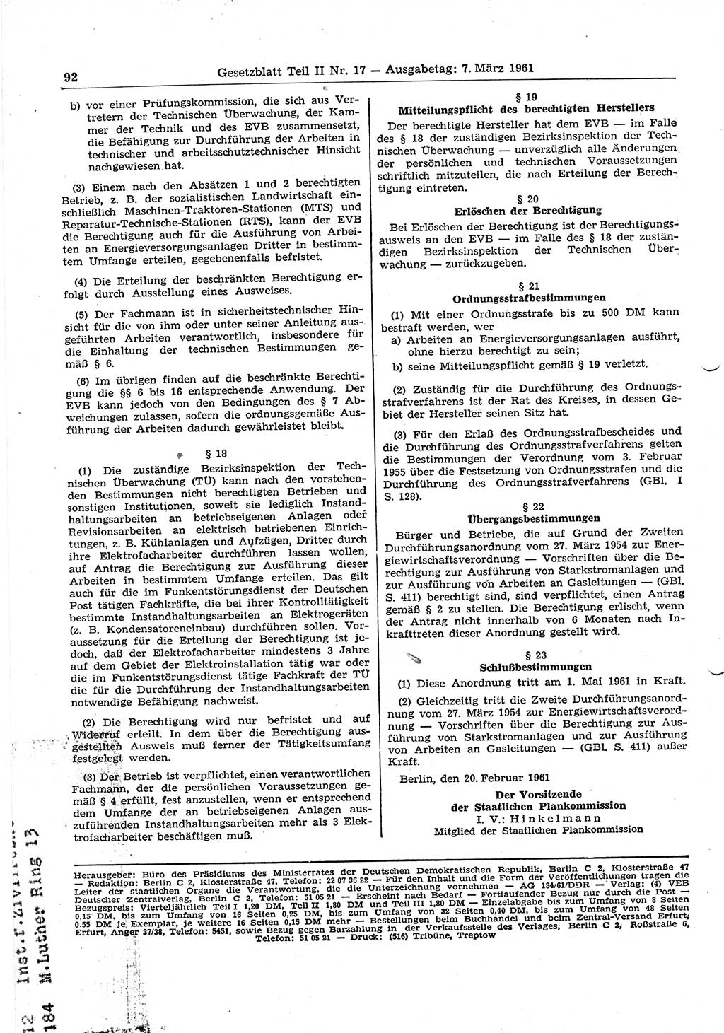 Gesetzblatt (GBl.) der Deutschen Demokratischen Republik (DDR) Teil ⅠⅠ 1961, Seite 92 (GBl. DDR ⅠⅠ 1961, S. 92)