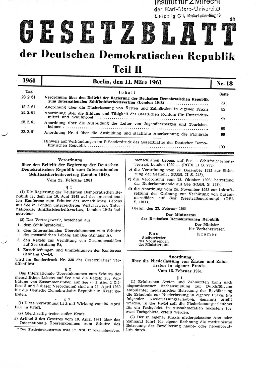 Gesetzblatt (GBl.) der Deutschen Demokratischen Republik (DDR) Teil ⅠⅠ 1961, Seite 93 (GBl. DDR ⅠⅠ 1961, S. 93)