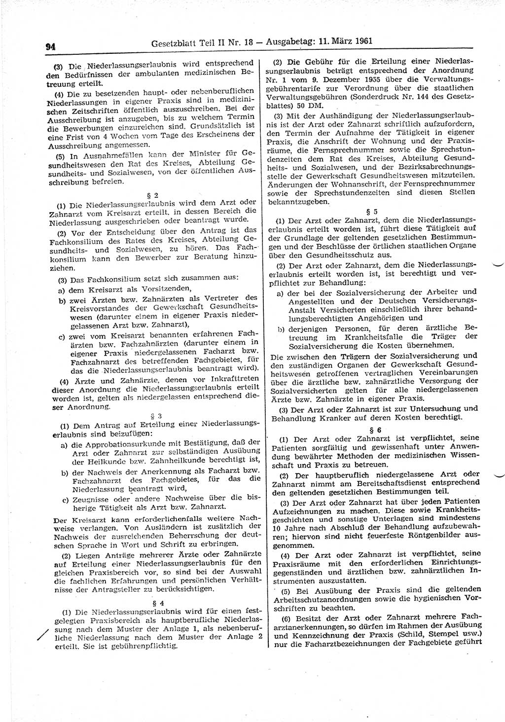 Gesetzblatt (GBl.) der Deutschen Demokratischen Republik (DDR) Teil ⅠⅠ 1961, Seite 94 (GBl. DDR ⅠⅠ 1961, S. 94)