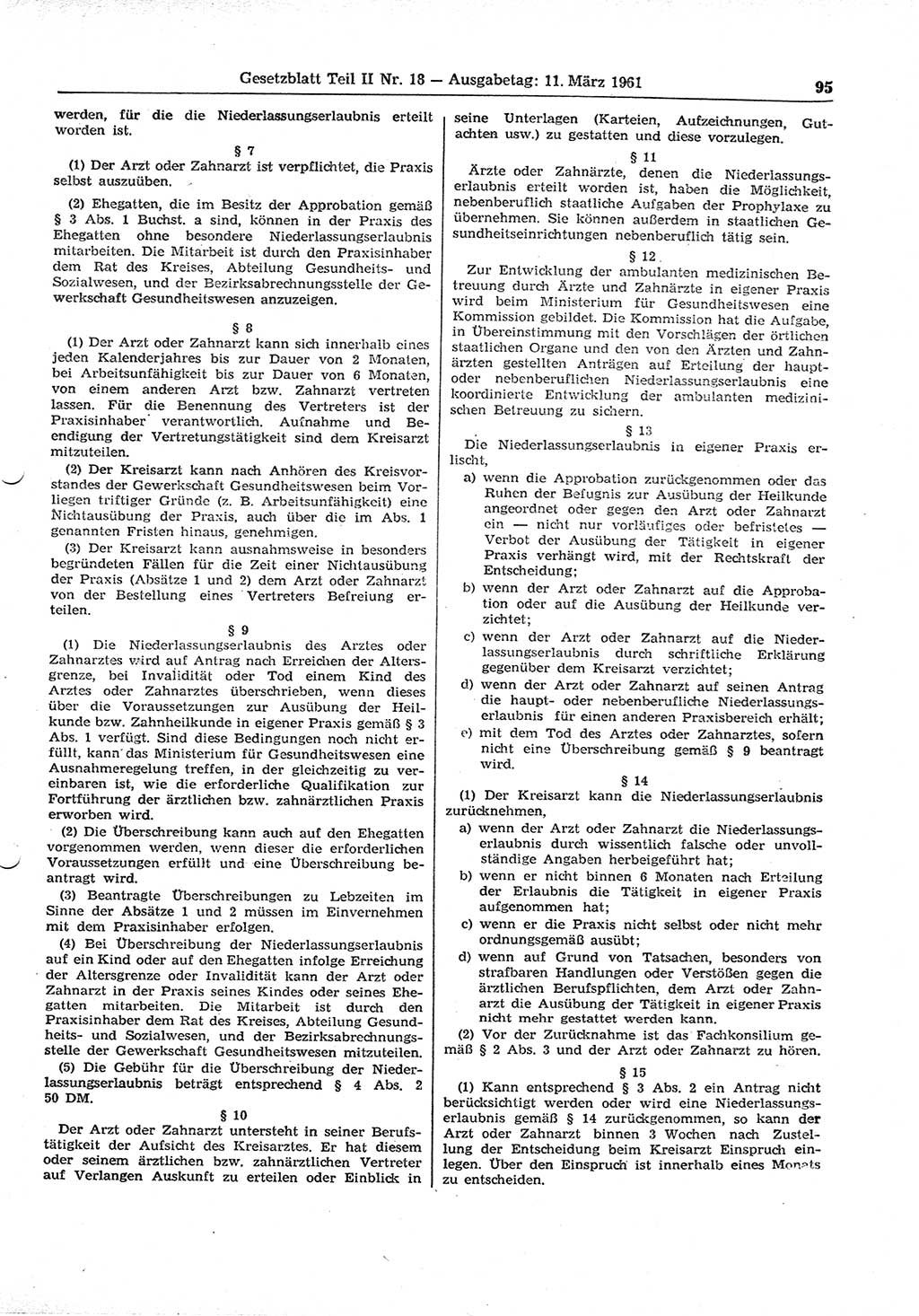 Gesetzblatt (GBl.) der Deutschen Demokratischen Republik (DDR) Teil ⅠⅠ 1961, Seite 95 (GBl. DDR ⅠⅠ 1961, S. 95)