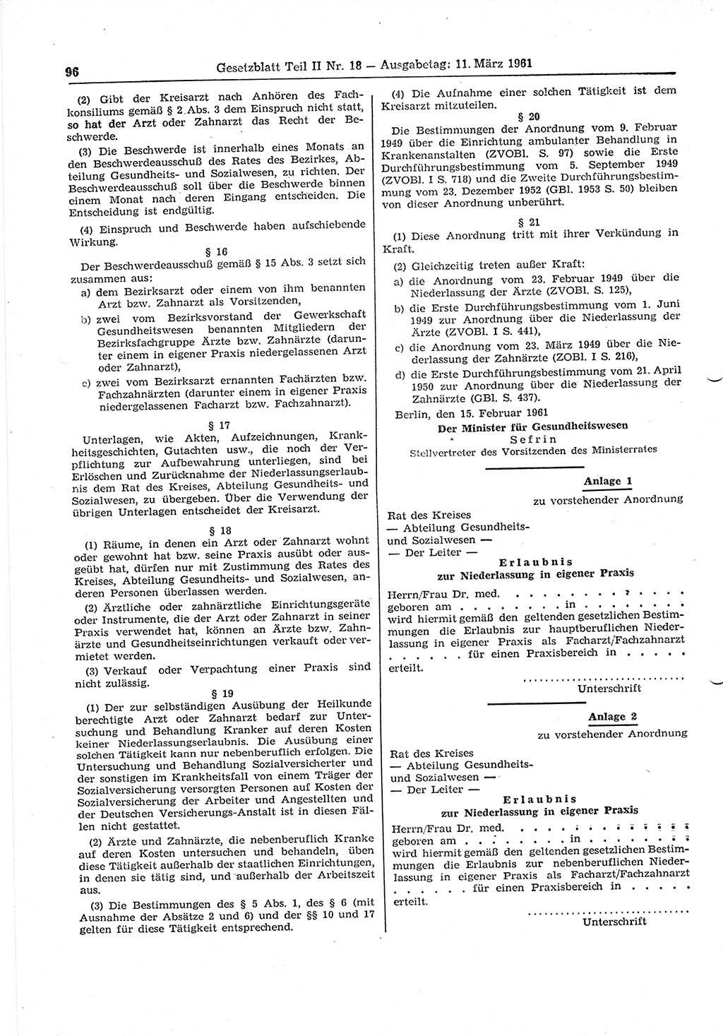 Gesetzblatt (GBl.) der Deutschen Demokratischen Republik (DDR) Teil ⅠⅠ 1961, Seite 96 (GBl. DDR ⅠⅠ 1961, S. 96)